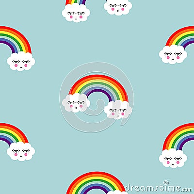 Rainbow background. Seamless pattern with smiling sleeping clouds and rainbows for kids Vector Illustration