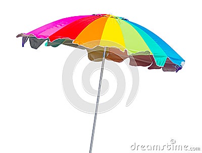 Rainbow beach umbrella isolated on white background Stock Photo