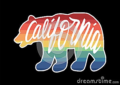 Rainbow bear with California hand lettering Cartoon Illustration