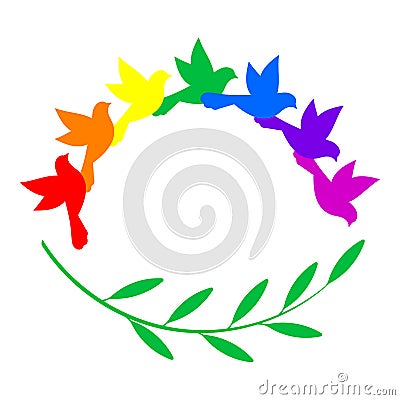 Rainbow birds and a green twig. Logo. Copy space for text. Vector illustration Vector Illustration