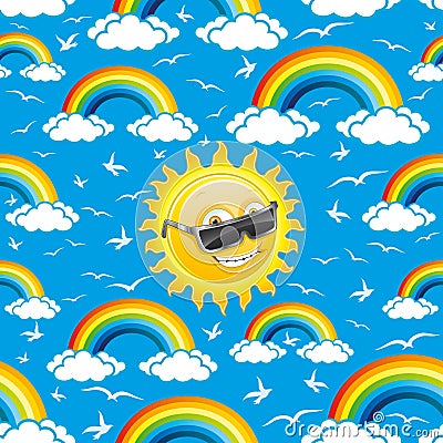 Rainbow, birds and sun Vector Illustration