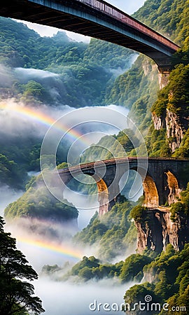 Rainbow Bridge. Arching across a misty gorge, a rainbow bridge connects two worlds. Stock Photo