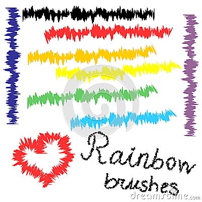 Rainbow brush strokes on white for your design. Hand drawn heart and lines. All brushes are included in brush palette. Vector Illustration