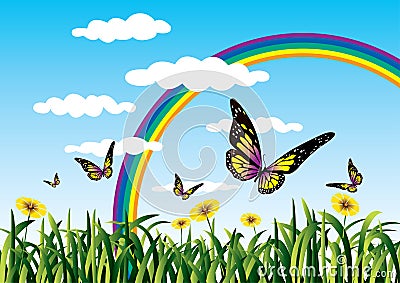 Butterflies and rainbow in meadow Vector Illustration