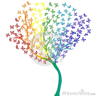Rainbow butterflies tree Vector Illustration