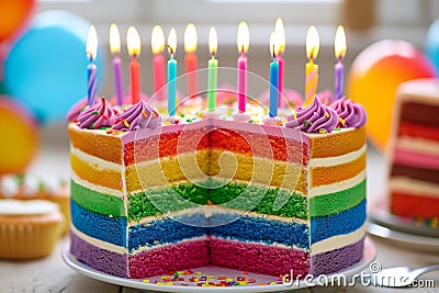 Rainbow cake with whipped cream top. Birthday cake with multicolored. Colorful rainbow birthday cake with colorful rainbow Stock Photo