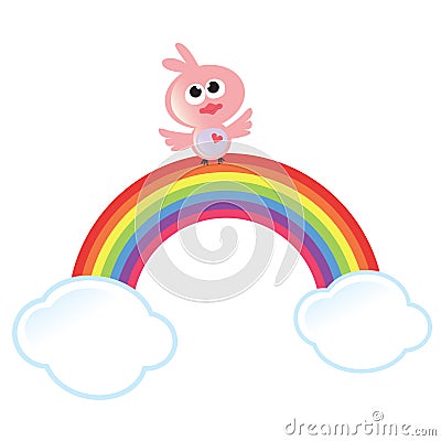 Rainbow, Clouds, and Bird Vector Illustration