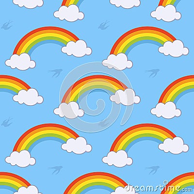 Rainbow and Clouds Seamless Pattern Vector Illustration