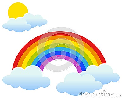 Rainbow with Sun and Clouds Vector Illustration