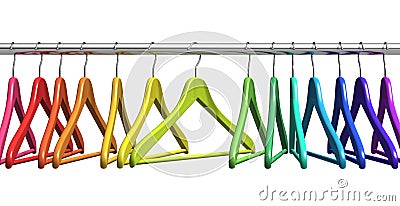 Rainbow coat hangers on clothes rail Stock Photo