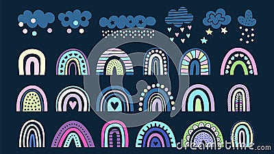 Rainbow collection. Clouds, colorful rainbows in scandinavian style. Childish baby vector elements Vector Illustration