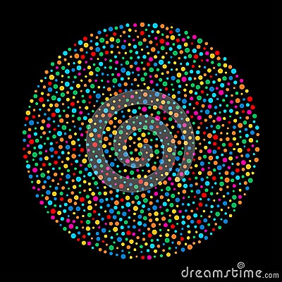 Rainbow Color Bright Abstract Halftone Circle Design Element on black background. Vector Illustration