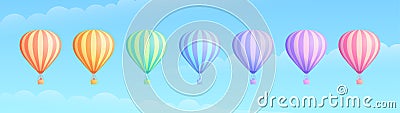 Rainbow color hot air balloon travel adventure set Vector Illustration