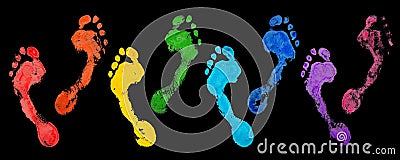 Rainbow color human footprints set black background isolated close up, colorful neon light foot print, barefoot footsteps Cartoon Illustration