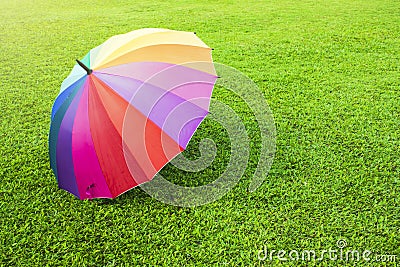 Rainbow color umbrella on green grass Stock Photo