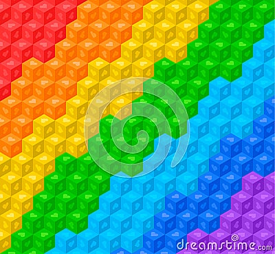 Rainbow colored abstract 3d cubes geometric background with hearts Vector Illustration