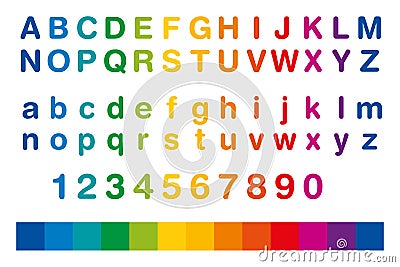 Rainbow colored alphabet and numbers in a row Vector Illustration