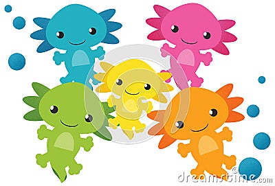 Rainbow Colored Axolotl Family with Bubbles Stock Photo