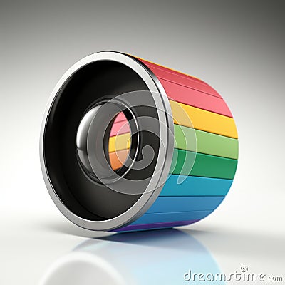 a rainbow colored camera lens on a white surface Stock Photo