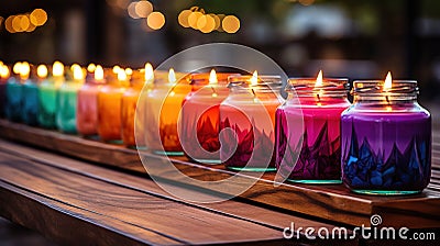 Rainbow-Colored Candles Illuminating Glass Jars Stock Photo