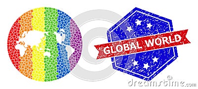 Rainbow Colored Dotted Map of Global World Collage with Subtracted Space for LGBT and Grunge Bicolor Watermark Stock Photo