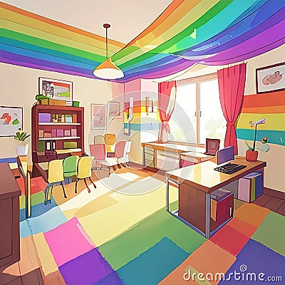 Rainbow colored office, showing diversity and bright cheerfulness, cute simple anime style illustration Cartoon Illustration