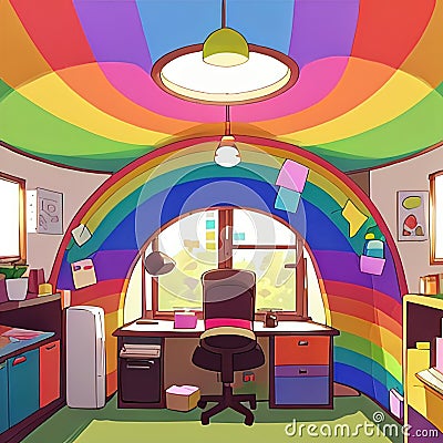 Rainbow colored office, showing diversity and bright cheerfulness, cute simple anime style illustration Cartoon Illustration