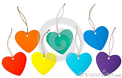 Rainbow colored paper hearts with rope Stock Photo