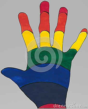 Rainbow colored powerful hand.LGBTQ Pride concept. Realistic colorful style. Acrylic color backdrop hand drawn painting on paper. Stock Photo