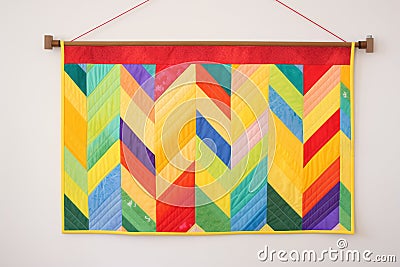 rainbow-colored quilted hanging on a bright wall Stock Photo
