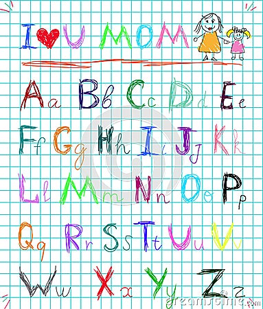 Rainbow colorful baby sketchy hand drawn painting style doodle alphabet letters on squared notebook page isolated vector illustrat Vector Illustration