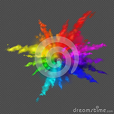 Rainbow colors paint powder and drops. Holi festival invitation. Transparent different clouds of paint powder isolated Vector Illustration