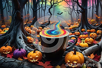 Rainbow Colors Swirling Out of a Coffee Cup - Set Against a Spooky Halloween Forest Backdrop, Dark Silhouettes Lurking Stock Photo