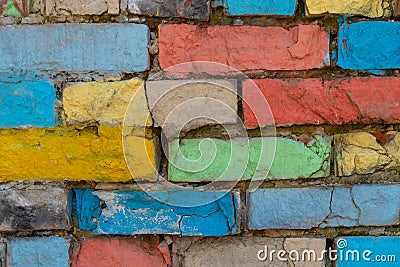 Rainbow colourful brick wall Rough texture. Abstract background. Grunge backdrop Stock Photo