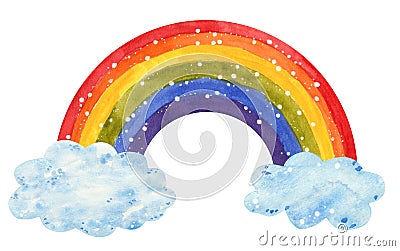 Rainbow comming out of clouds, hand drawn watercolor illustration Cartoon Illustration