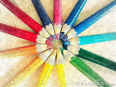 Rainbow crayons round painting light Stock Photo