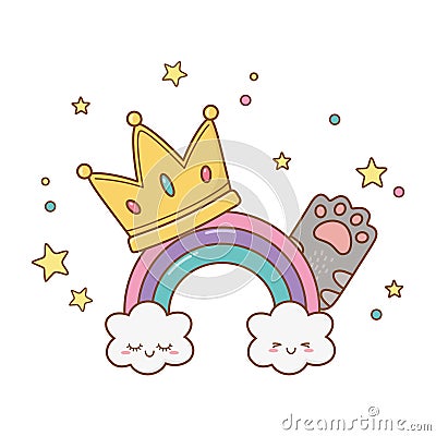 Rainbow with crown and cat paw Vector Illustration