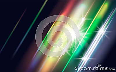 Rainbow crystal light leak flare reflection. Colorful optical rainbow lights beam lens flare leak overlay streaks. Vector Vector Illustration