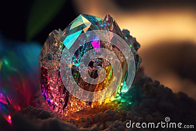 Rainbow Crystal, Titanium Color Stone, Cyber Crystal on Black Background Generative Ai Illustration Stock Photo