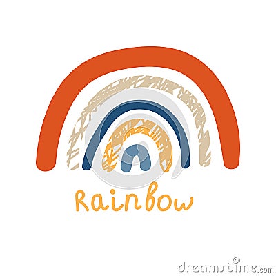 Cute cartoon textured rainbow in flat style. Childlike card with colorful arches Vector Illustration