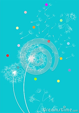 Rainbow dandelions in the wind and colored polka dots background - vector. Vector Illustration