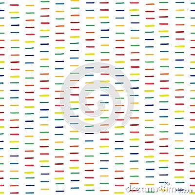 Rainbow dashes horizontal. Seamless surface pattern vector design with strokes. Broken lines. Dashes motif. Blue, green, orange, Vector Illustration