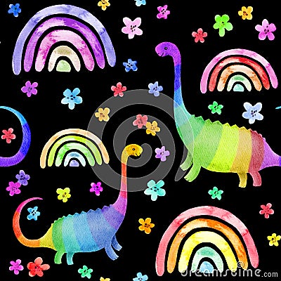 Rainbow dinosaur seamless pattern on black background. Bright cute childish dino. Watercolor colorful repeated design Stock Photo