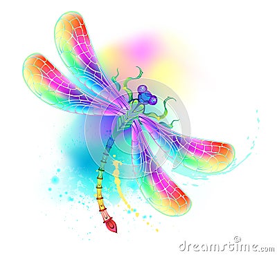 Rainbow dragonfly on watercolor background Vector Illustration