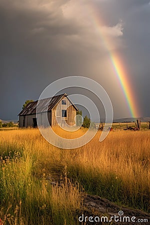 rainbow emerging from dark cloud cover Stock Photo