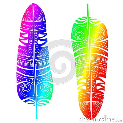 Rainbow feathers tribal textures isolated Stock Photo