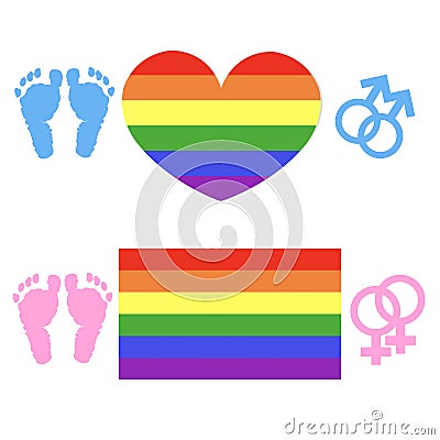 Rainbow flag, LGBT symbol on heart and gay and lesbian symbol Vector Illustration