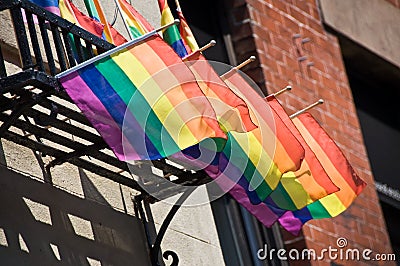 Rainbow flags on Christopher street, Greenwich village, New York Stock Photo