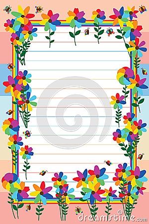 Rainbow flower group butterfly line frame Vector Illustration