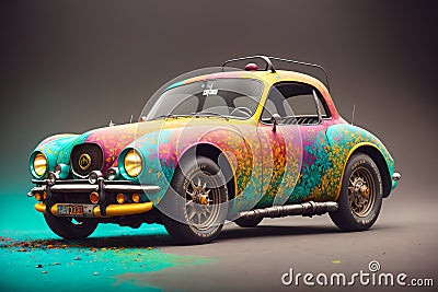 Rainbow and flowers painted retro hippie stylish small compact car, AI generated Stock Photo